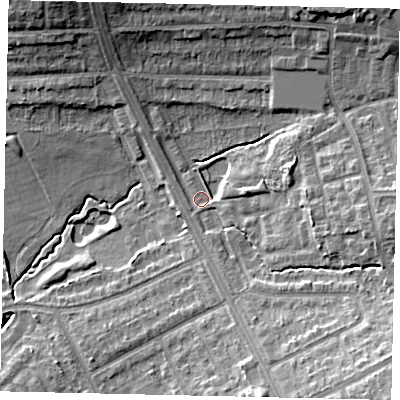 Shaded relief map of the ground around HA29DA, computed from Environment Agency LiDAR. The ground here sits at about 43 m above sea level and falls 17 m across the surrounding 800 m. Surface water reaching this point runs off ground lying to the south-east, 12.9 m higher.