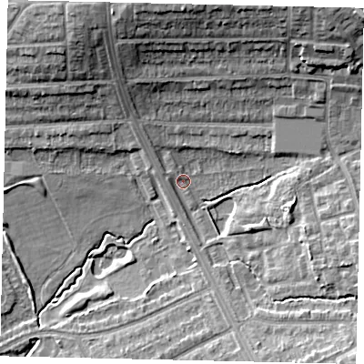 Shaded relief map of the ground around HA29DB, computed from Environment Agency LiDAR. The ground here sits at about 43 m above sea level and falls 18 m across the surrounding 800 m. Surface water reaching this point runs off ground lying to the north-west, 3.8 m higher.