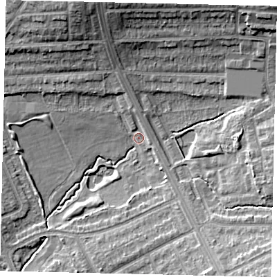 Shaded relief map of the ground around HA29DX, computed from Environment Agency LiDAR. The ground here sits at about 42 m above sea level and falls 18 m across the surrounding 800 m. Surface water reaching this point runs off ground lying to the north-north-west, 13.0 m higher.
