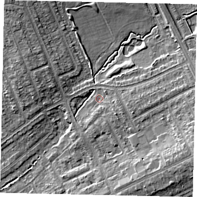 Shaded relief map of the ground around HA29ER, computed from Environment Agency LiDAR. The ground here sits at about 40 m above sea level and falls 12 m across the surrounding 800 m. Surface water reaching this point runs off ground lying to the east-south-east, 2.4 m higher.