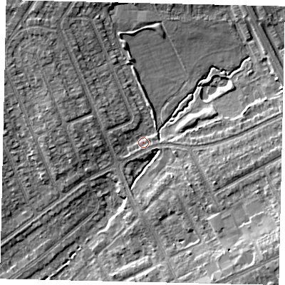 Shaded relief map of the ground around HA29EY, computed from Environment Agency LiDAR. The ground here sits at about 39 m above sea level and falls 11 m across the surrounding 800 m. Surface water reaching this point runs off ground lying to the north-east, 6.7 m higher.
