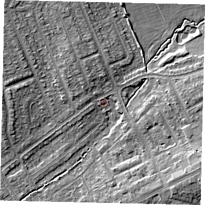 Shaded relief map of the ground around HA29HA, computed from Environment Agency LiDAR. The ground here sits at about 39 m above sea level and falls 10 m across the surrounding 800 m. Surface water reaching this point runs off ground lying to the north-west, 2.9 m higher.