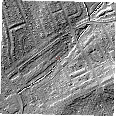 Shaded relief map of the ground around HA29HH, computed from Environment Agency LiDAR. The ground here sits at about 38 m above sea level and falls 9 m across the surrounding 800 m. Surface water reaching this point runs off ground lying to the east-north-east, 5.7 m higher.