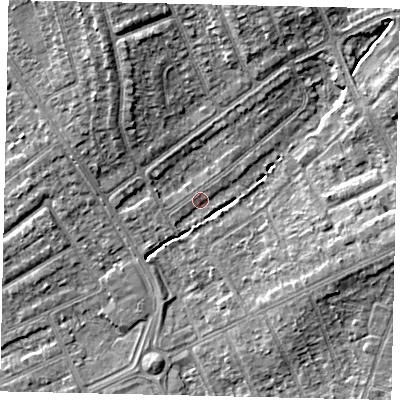 Shaded relief map of the ground around HA29HJ, computed from Environment Agency LiDAR. The ground here sits at about 37 m above sea level and falls 9 m across the surrounding 800 m. Surface water reaching this point runs off ground lying to the north-north-east, 5.8 m higher.