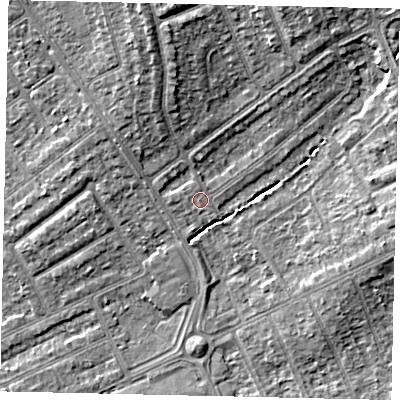 Shaded relief map of the ground around HA29HL, computed from Environment Agency LiDAR. The ground here sits at about 37 m above sea level and falls 9 m across the surrounding 800 m. Surface water reaching this point runs off ground lying to the north, 6.0 m higher.
