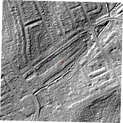 Shaded relief map of the ground around HA29HQ, computed from Environment Agency LiDAR. The ground here sits at about 38 m above sea level and falls 9 m across the surrounding 800 m. Surface water reaching this point runs off ground lying to the north-north-east, 2.7 m higher.
