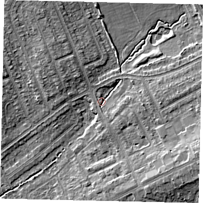 Shaded relief map of the ground around HA29JF, computed from Environment Agency LiDAR. The ground here sits at about 39 m above sea level and falls 11 m across the surrounding 800 m. Surface water reaching this point runs off ground lying to the east, 5.3 m higher.