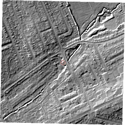 Shaded relief map of the ground around HA29JG, computed from Environment Agency LiDAR. The ground here sits at about 39 m above sea level and falls 11 m across the surrounding 800 m. Surface water reaching this point runs off ground lying to the east-south-east, 7.4 m higher.