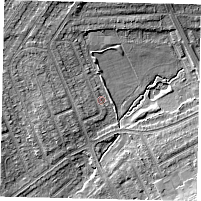 Shaded relief map of the ground around HA29JN, computed from Environment Agency LiDAR. The ground here sits at about 40 m above sea level and falls 10 m across the surrounding 800 m. Surface water reaching this point runs off ground lying to the north-north-east, 7.7 m higher.