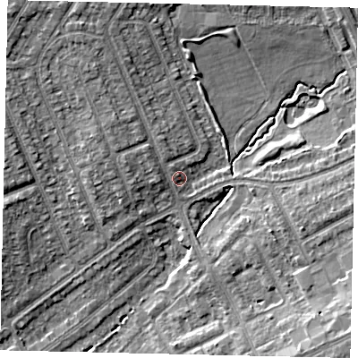 Shaded relief map of the ground around HA29JQ, computed from Environment Agency LiDAR. The ground here sits at about 40 m above sea level and falls 10 m across the surrounding 800 m. Surface water reaching this point runs off ground lying to the north-north-west, 4.5 m higher.