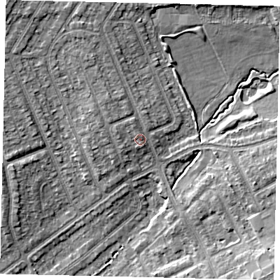 Shaded relief map of the ground around HA29LD, computed from Environment Agency LiDAR. The ground here sits at about 41 m above sea level and falls 10 m across the surrounding 800 m. Surface water reaching this point runs off ground lying to the north-north-west, 4.3 m higher.