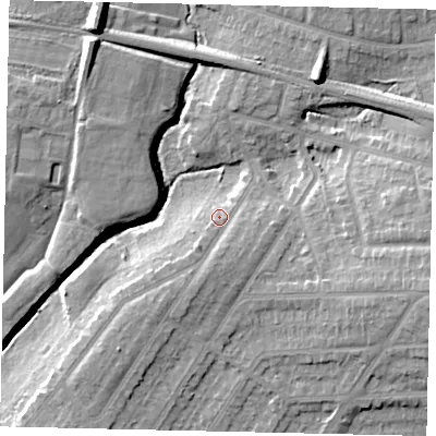 Shaded relief map of the ground around HA29RG, computed from Environment Agency LiDAR. The ground here sits at about 46 m above sea level and falls 15 m across the surrounding 800 m. Surface water reaching this point runs off ground lying to the south, 3.1 m higher.