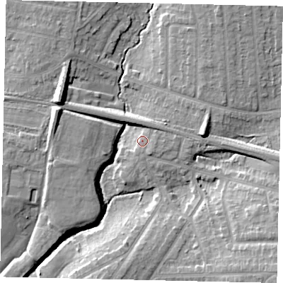 Shaded relief map of the ground around HA29TB, computed from Environment Agency LiDAR. The ground here sits at about 46 m above sea level and falls 15 m across the surrounding 800 m. Surface water reaching this point runs off ground lying to the east, 2.9 m higher.