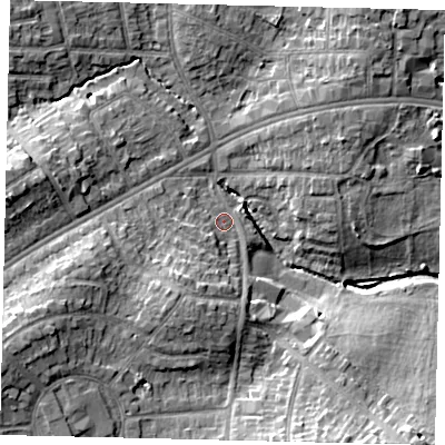 Shaded relief map of the ground around HA30JG, computed from Environment Agency LiDAR. The ground here sits at about 40 m above sea level and falls 14 m across the surrounding 800 m. Surface water reaching this point runs off ground lying to the south-south-west, 6.6 m higher.