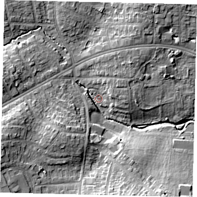 Shaded relief map of the ground around HA30JQ, computed from Environment Agency LiDAR. The ground here sits at about 39 m above sea level and falls 14 m across the surrounding 800 m. Surface water reaching this point runs off ground lying to the south-south-east, 13.6 m higher.