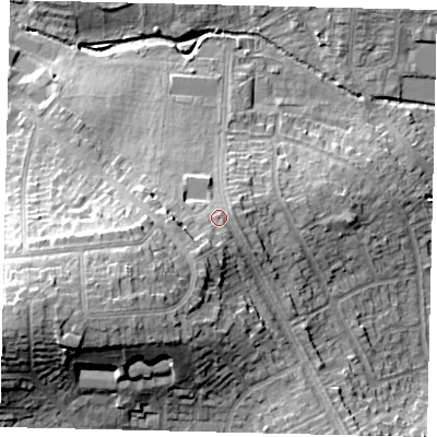 Shaded relief map of the ground around HA30RD, computed from Environment Agency LiDAR. The ground here sits at about 48 m above sea level and falls 24 m across the surrounding 800 m. Surface water reaching this point runs off ground lying to the south-south-west, 6.1 m higher.