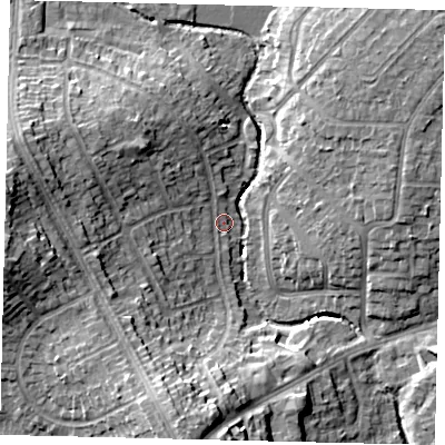 Shaded relief map of the ground around HA30RY, computed from Environment Agency LiDAR. The ground here sits at about 36 m above sea level and falls 20 m across the surrounding 800 m. Surface water reaching this point runs off ground lying to the west, 19.7 m higher.
