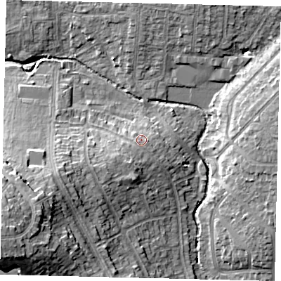 Shaded relief map of the ground around HA30SQ, computed from Environment Agency LiDAR. The ground here sits at about 40 m above sea level and falls 24 m across the surrounding 800 m. Surface water reaching this point runs off ground lying to the south-west, 2.1 m higher.