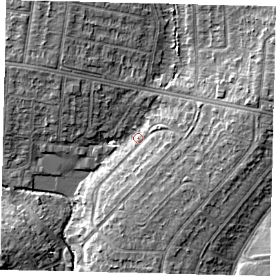 Shaded relief map of the ground around HA30TE, computed from Environment Agency LiDAR. The ground here sits at about 39 m above sea level and falls 11 m across the surrounding 800 m. Surface water reaching this point runs off ground lying to the east, 6.2 m higher.