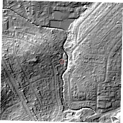 Shaded relief map of the ground around HA30TJ, computed from Environment Agency LiDAR. The ground here sits at about 36 m above sea level and falls 19 m across the surrounding 800 m. Surface water reaching this point runs off ground lying to the west-north-west, 7.1 m higher.