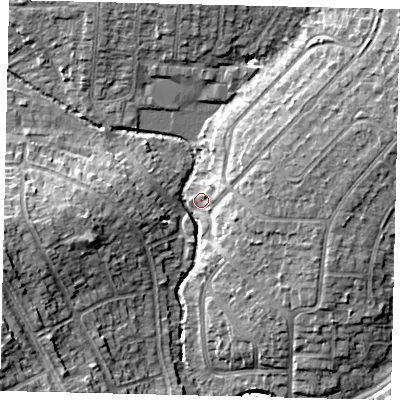 Shaded relief map of the ground around HA30TL, computed from Environment Agency LiDAR. The ground here sits at about 37 m above sea level and falls 16 m across the surrounding 800 m. Surface water reaching this point runs off ground lying to the east, 6.7 m higher.