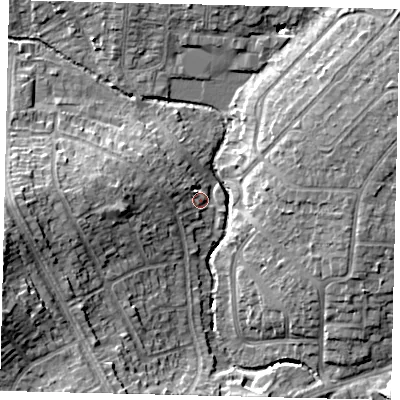 Shaded relief map of the ground around HA30TN, computed from Environment Agency LiDAR. The ground here sits at about 37 m above sea level and falls 20 m across the surrounding 800 m. Surface water reaching this point runs off ground lying to the west, 7.1 m higher.