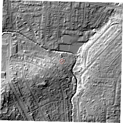 Shaded relief map of the ground around HA30TP, computed from Environment Agency LiDAR. The ground here sits at about 38 m above sea level and falls 22 m across the surrounding 800 m. Surface water reaching this point runs off ground lying to the south-west, 2.7 m higher.