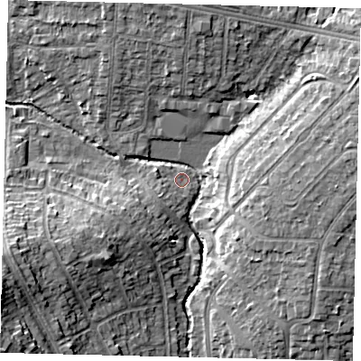 Shaded relief map of the ground around HA30TR, computed from Environment Agency LiDAR. The ground here sits at about 37 m above sea level and falls 19 m across the surrounding 800 m. Surface water reaching this point runs off ground lying to the south-west, 1.9 m higher.