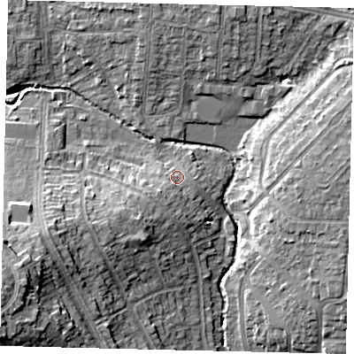 Shaded relief map of the ground around HA30TW, computed from Environment Agency LiDAR. The ground here sits at about 38 m above sea level and falls 23 m across the surrounding 800 m. Surface water reaching this point runs off ground lying to the south-west, 3.4 m higher.