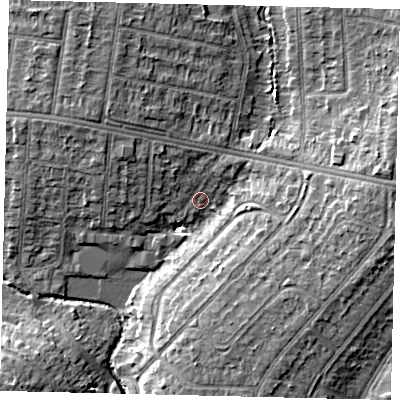 Shaded relief map of the ground around HA30UE, computed from Environment Agency LiDAR. The ground here sits at about 39 m above sea level and falls 11 m across the surrounding 800 m. Surface water reaching this point runs off ground lying to the east, 6.2 m higher.