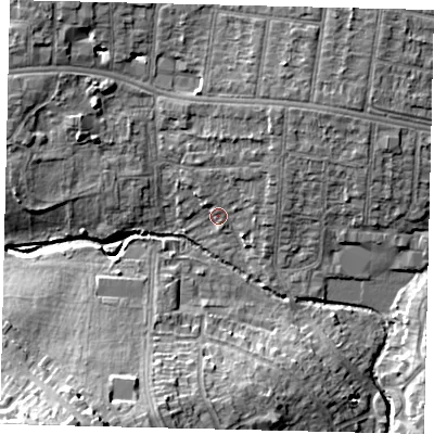 Shaded relief map of the ground around HA30UT, computed from Environment Agency LiDAR. The ground here sits at about 38 m above sea level and falls 20 m across the surrounding 800 m. Surface water reaching this point runs off ground lying to the north-north-east, 4.8 m higher.