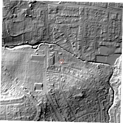 Shaded relief map of the ground around HA30UX, computed from Environment Agency LiDAR. The ground here sits at about 38 m above sea level and falls 26 m across the surrounding 800 m. Surface water reaching this point runs off ground lying to the south-south-west, 9.8 m higher.