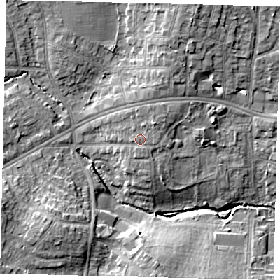 Shaded relief map of the ground around HA30XD, computed from Environment Agency LiDAR. The ground here sits at about 42 m above sea level and falls 11 m across the surrounding 800 m. Surface water reaching this point runs off ground lying to the north-east, 1.5 m higher.