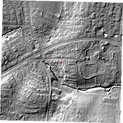 Shaded relief map of the ground around HA30XG, computed from Environment Agency LiDAR. The ground here sits at about 41 m above sea level and falls 12 m across the surrounding 800 m. Surface water reaching this point runs off ground lying to the north-east, 3.3 m higher.
