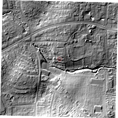 Shaded relief map of the ground around HA30XH, computed from Environment Agency LiDAR. The ground here sits at about 41 m above sea level and falls 17 m across the surrounding 800 m. Surface water reaching this point runs off ground lying to the north-east, 2.3 m higher.
