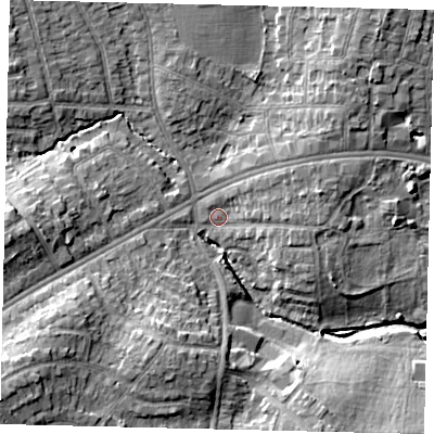 Shaded relief map of the ground around HA30XJ, computed from Environment Agency LiDAR. The ground here sits at about 39 m above sea level and falls 14 m across the surrounding 800 m. Surface water reaching this point runs off ground lying to the south-west, 9.8 m higher.