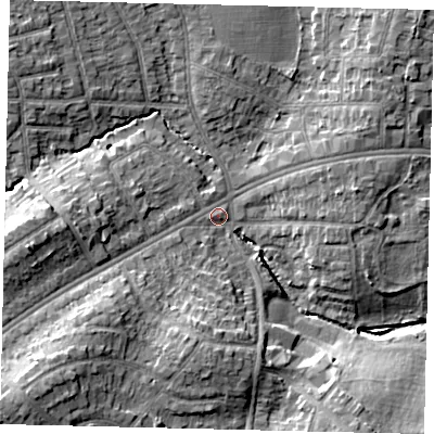 Shaded relief map of the ground around HA30XN, computed from Environment Agency LiDAR. The ground here sits at about 40 m above sea level and falls 14 m across the surrounding 800 m. Surface water reaching this point runs off ground lying to the south-west, 10.8 m higher.