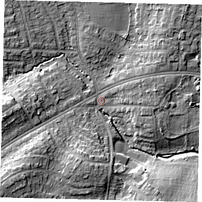 Shaded relief map of the ground around HA30XP, computed from Environment Agency LiDAR. The ground here sits at about 40 m above sea level and falls 14 m across the surrounding 800 m. Surface water reaching this point runs off ground lying to the south-west, 10.0 m higher.
