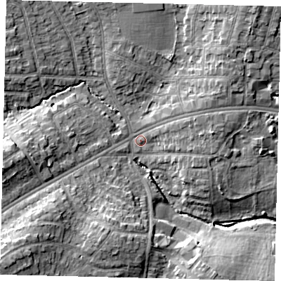 Shaded relief map of the ground around HA30XR, computed from Environment Agency LiDAR. The ground here sits at about 40 m above sea level and falls 14 m across the surrounding 800 m. Surface water reaching this point runs off ground lying to the west-south-west, 9.4 m higher.
