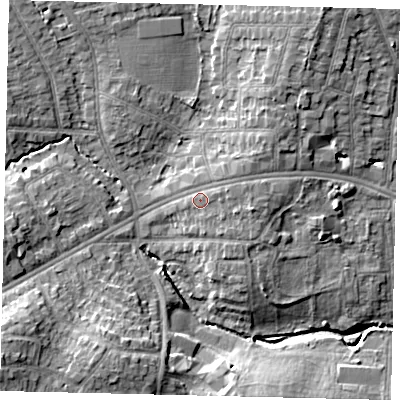 Shaded relief map of the ground around HA30XS, computed from Environment Agency LiDAR. The ground here sits at about 42 m above sea level and falls 12 m across the surrounding 800 m. Surface water reaching this point runs off ground lying to the east-north-east, 1.8 m higher.