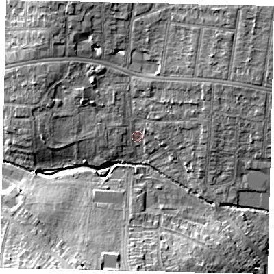 Shaded relief map of the ground around HA30YF, computed from Environment Agency LiDAR. The ground here sits at about 38 m above sea level and falls 14 m across the surrounding 800 m. Surface water reaching this point runs off ground lying to the north-north-west, 7.1 m higher.