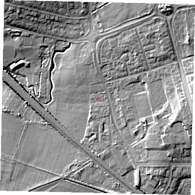 Shaded relief map of the ground around HA36PF, computed from Environment Agency LiDAR. The ground here sits at about 62 m above sea level and falls 13 m across the surrounding 800 m. Surface water reaching this point runs off ground lying to the north, 1.8 m higher.
