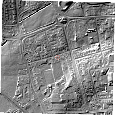 Shaded relief map of the ground around HA36PS, computed from Environment Agency LiDAR. The ground here sits at about 64 m above sea level and falls 16 m across the surrounding 800 m. Surface water reaching this point runs off ground lying to the north-north-east, 11.9 m higher.