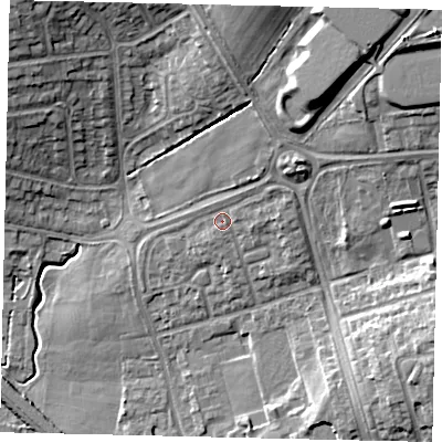 Shaded relief map of the ground around HA36PU, computed from Environment Agency LiDAR. The ground here sits at about 66 m above sea level and falls 21 m across the surrounding 800 m. Surface water reaching this point runs off ground lying to the north-east, 2.8 m higher.