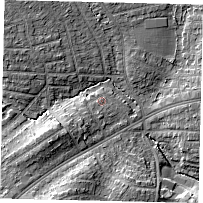 Shaded relief map of the ground around HA38DE, computed from Environment Agency LiDAR. The ground here sits at about 42 m above sea level and falls 13 m across the surrounding 800 m. Surface water reaching this point runs off ground lying to the south-south-west, 2.1 m higher.