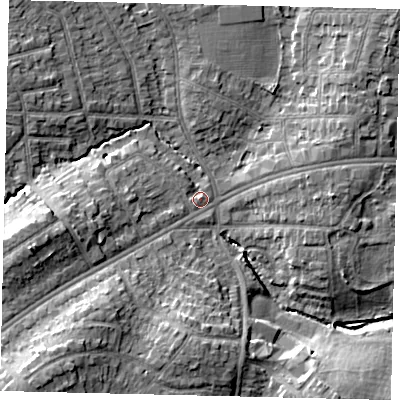 Shaded relief map of the ground around HA38DF, computed from Environment Agency LiDAR. The ground here sits at about 40 m above sea level and falls 14 m across the surrounding 800 m. Surface water reaching this point runs off ground lying to the west-south-west, 8.2 m higher.