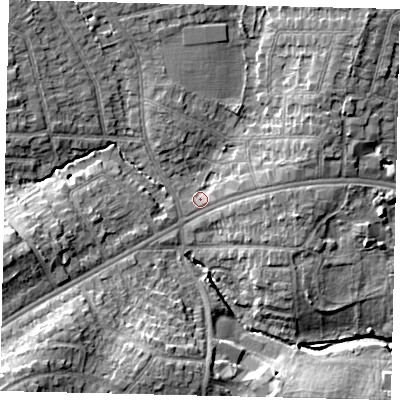 Shaded relief map of the ground around HA38DG, computed from Environment Agency LiDAR. The ground here sits at about 40 m above sea level and falls 13 m across the surrounding 800 m. Surface water reaching this point runs off ground lying to the east-north-east, 3.5 m higher.