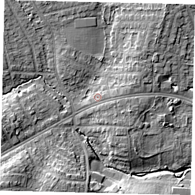 Shaded relief map of the ground around HA38DQ, computed from Environment Agency LiDAR. The ground here sits at about 41 m above sea level and falls 13 m across the surrounding 800 m. Surface water reaching this point runs off ground lying to the east-north-east, 2.3 m higher.