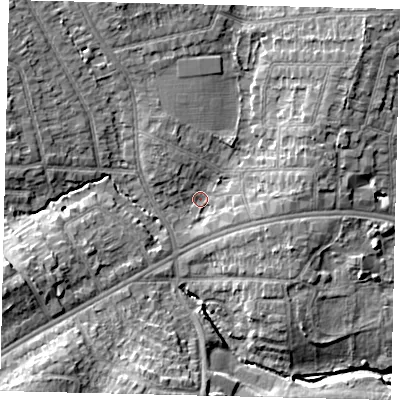 Shaded relief map of the ground around HA38EA, computed from Environment Agency LiDAR. The ground here sits at about 40 m above sea level and falls 12 m across the surrounding 800 m. Surface water reaching this point runs off ground lying to the north-east, 7.2 m higher.