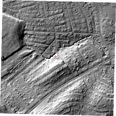 Shaded relief map of the ground around HA38EL, computed from Environment Agency LiDAR. The ground here sits at about 44 m above sea level and falls 16 m across the surrounding 800 m. Surface water reaching this point runs off ground lying to the south, 5.0 m higher.